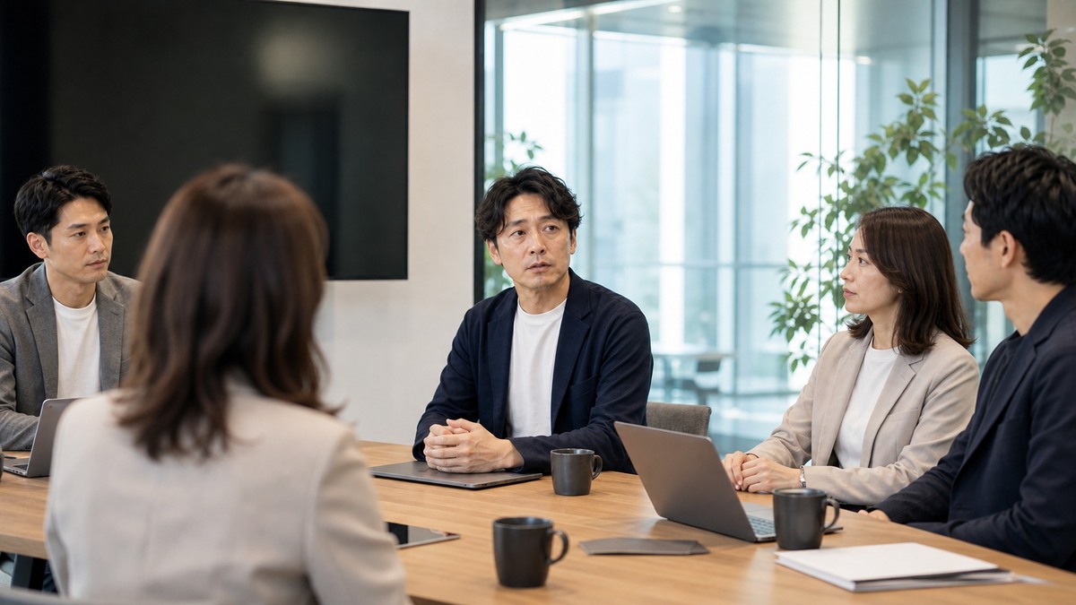 会議で発言を求められて緊張している社会人