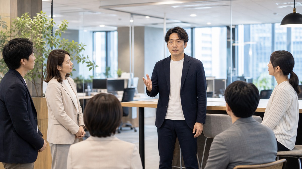職場の朝会で同僚の前で話す社会人