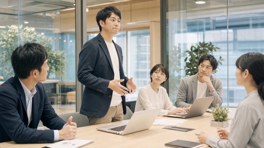 会議で声が通らず緊張しながら話す社会人