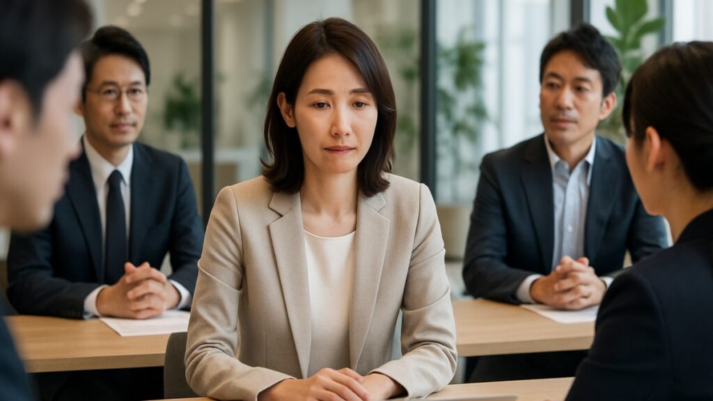 会議で言葉が出てこず少し緊張する女性