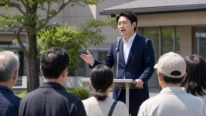 選挙スピーチで聴衆に向けて落ち着いて話す男性