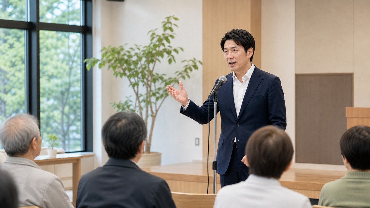 声と間と目線を意識してスピーチする男性