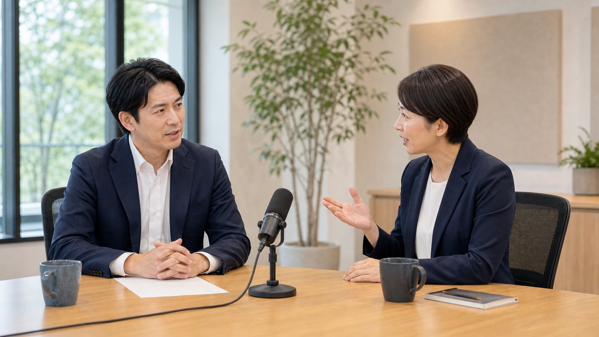 講師とスピーチの話し方を確認する男性