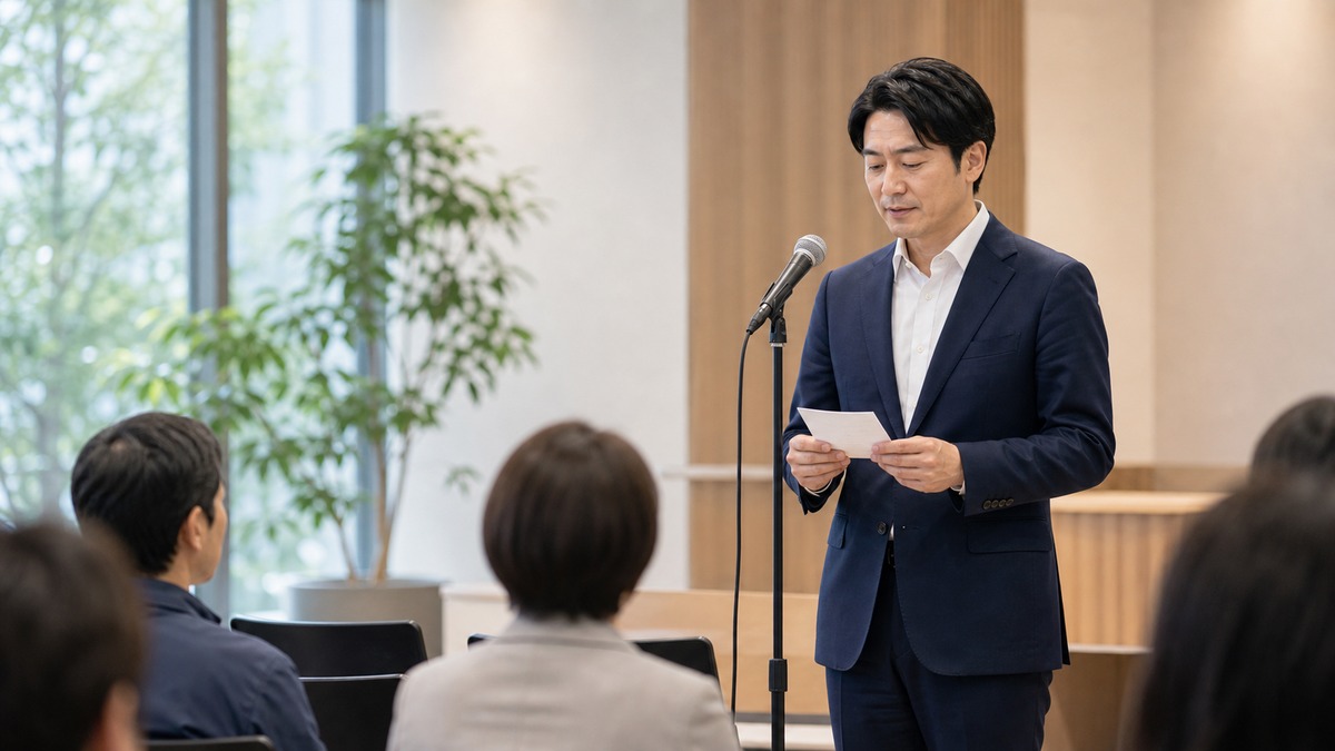 スピーチ前に落ち着いてメモを確認する男性
