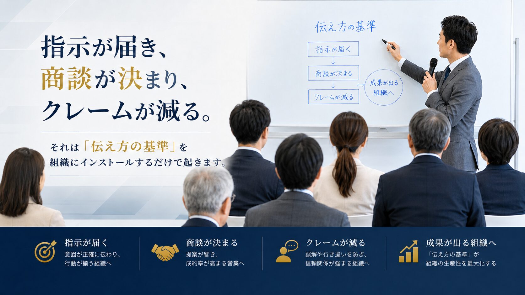 指示が届き、商談が決まり、クレームが減る。それは「伝え方の基準」を組織にインストールするだけで起きます。