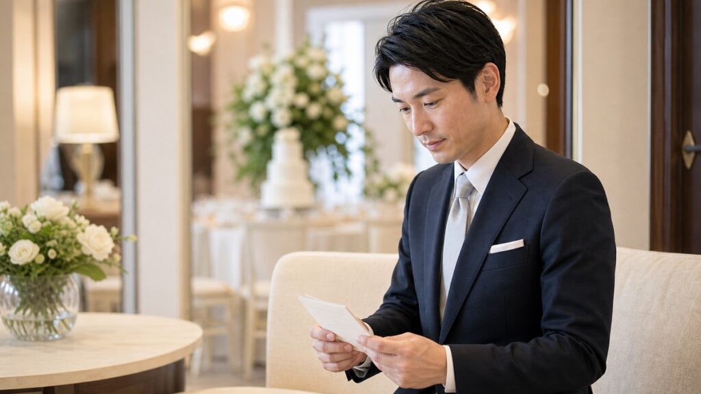 結婚式スピーチ前にメモを確認する社会人