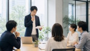プレゼン前に声の震えを整えようとする男性