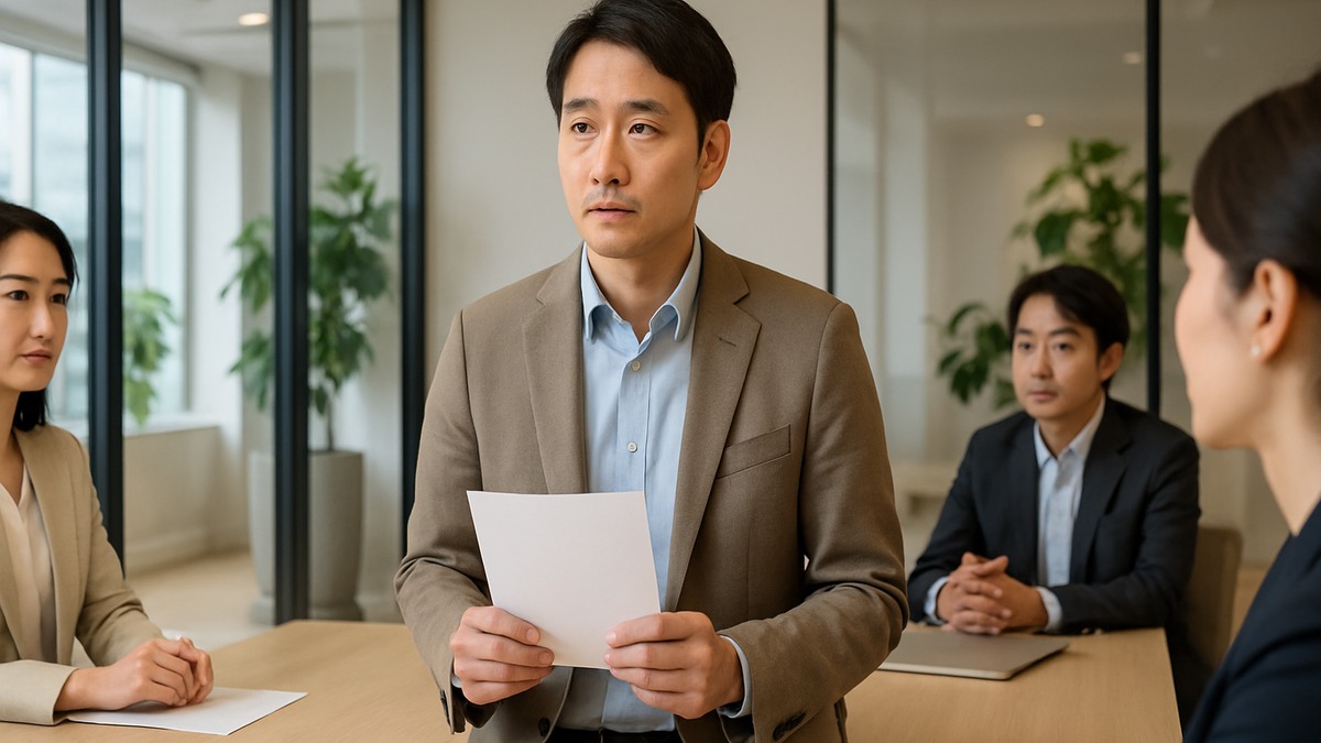 会議で話す前に少し緊張している男性