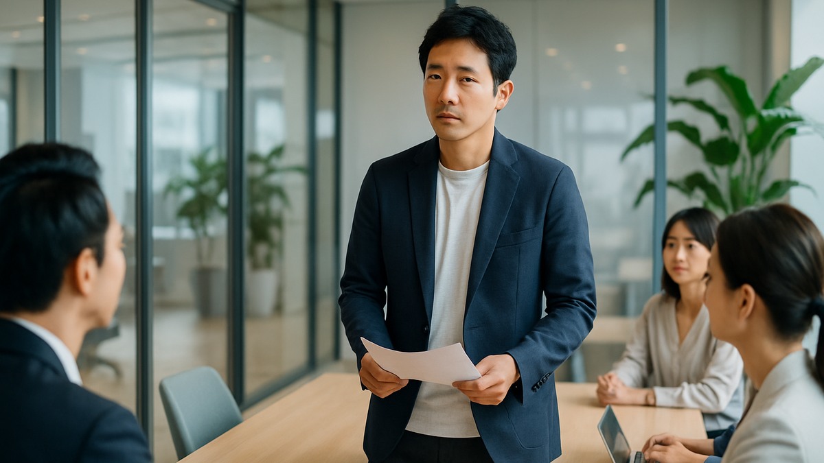 会議や発表で緊張しながら話す男性