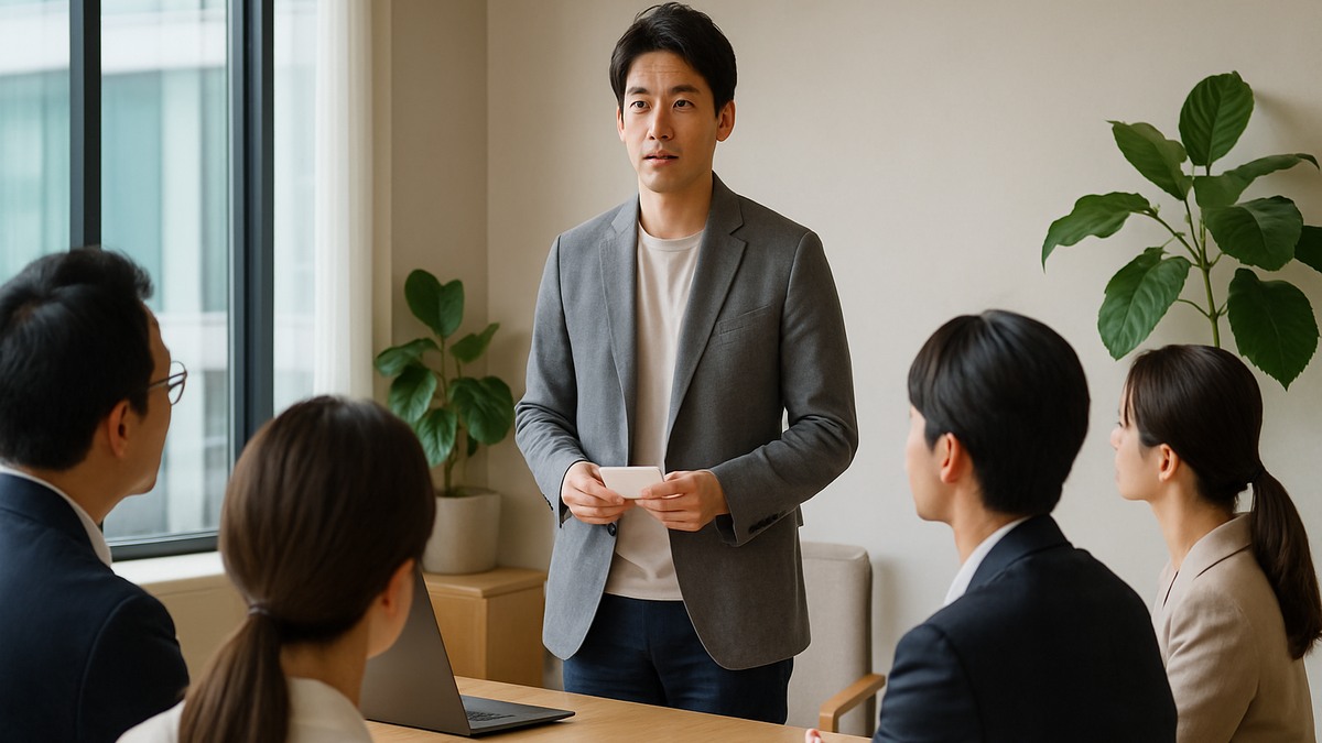 自己紹介で緊張しながら話す男性