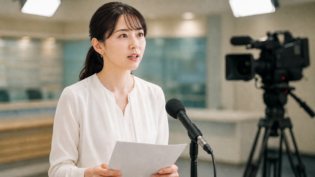 アナウンサー志望の大学選びを考えながらマイク前で話す若い先輩女性