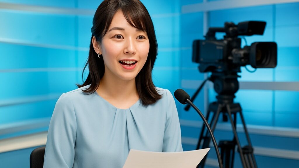 青い放送スタジオで話す20代後半の女性アナウンサー志望者