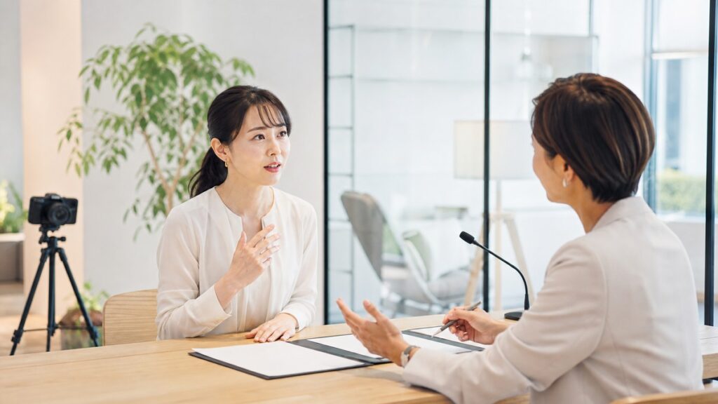 アナウンサースクールで話し方のフィードバックを受ける女性