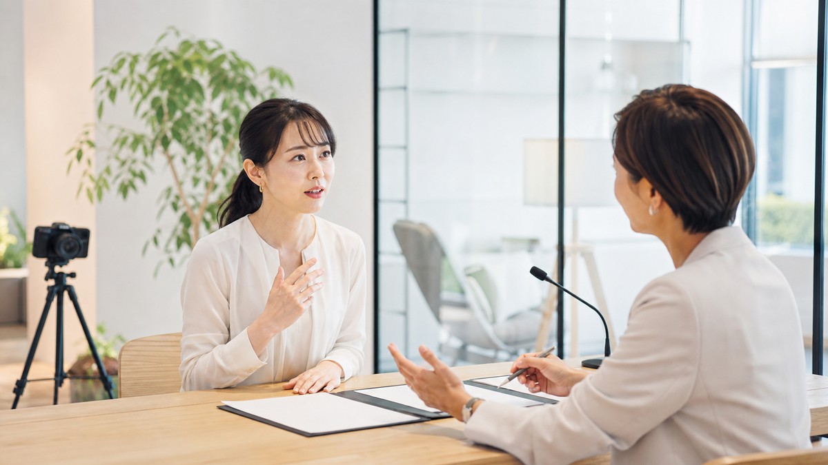 アナウンサースクールで話し方のフィードバックを受ける女性