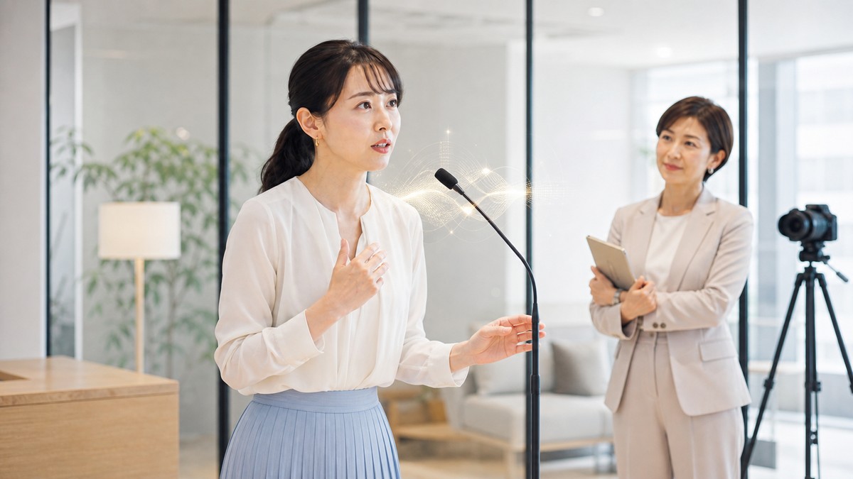 マイクの前で緊張と向き合いながら話す練習をする女性