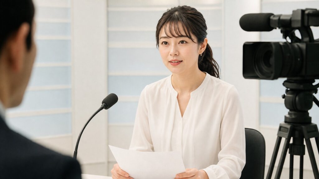 アナウンサー資格との向き合い方を考えながら面談を受ける若い女性
