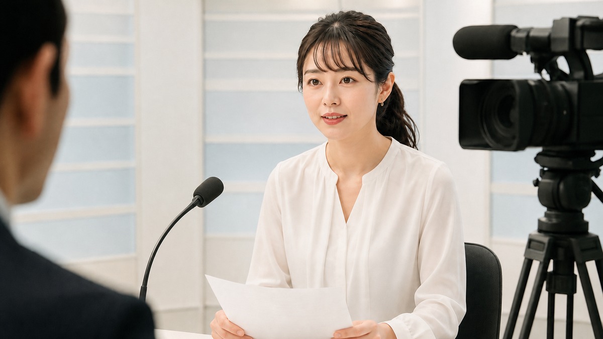 アイキャッチと同じ若い女性がアナウンサー資格より実際の話す力を確認する場面