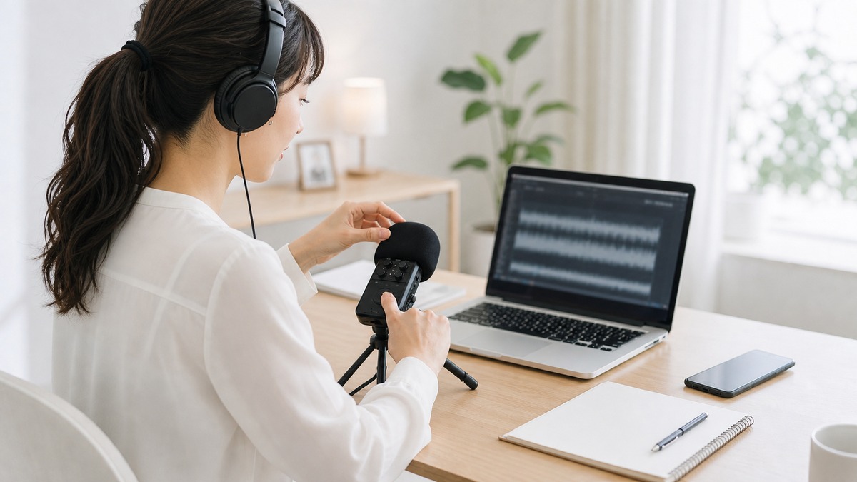 アイキャッチと同じ若い女性がマイクで録音しながら話し方を練習する場面