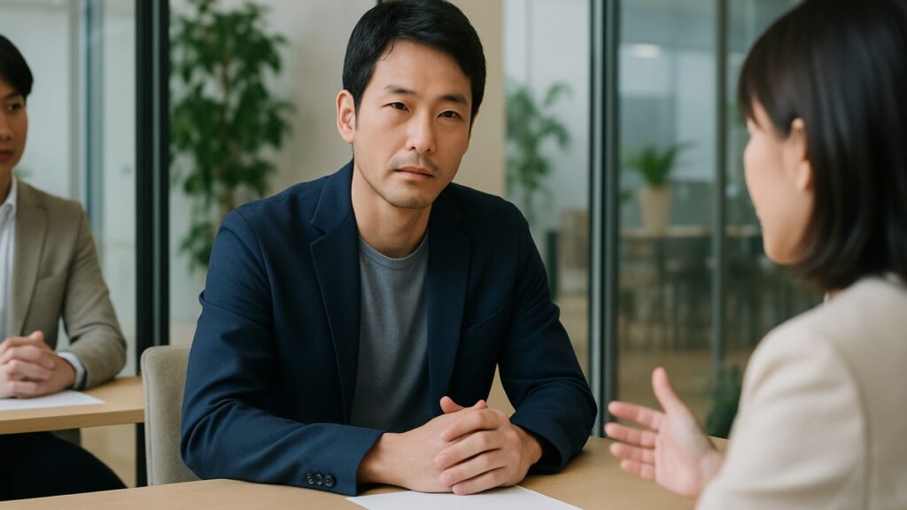 職場で愚痴を言わず落ち着いて言葉を選ぶ男性