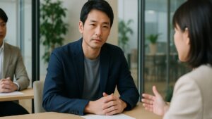 職場で愚痴を言わず落ち着いて言葉を選ぶ男性