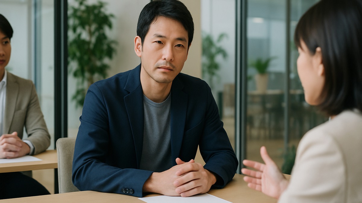 職場で愚痴を言わず落ち着いて言葉を選ぶ男性