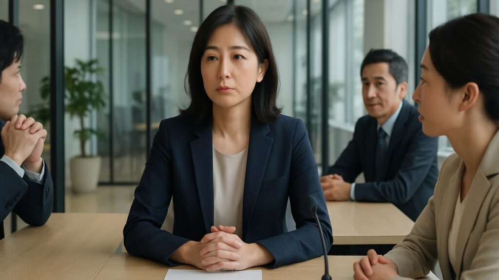 会議で口癖を意識しながら落ち着いて話そうとする女性
