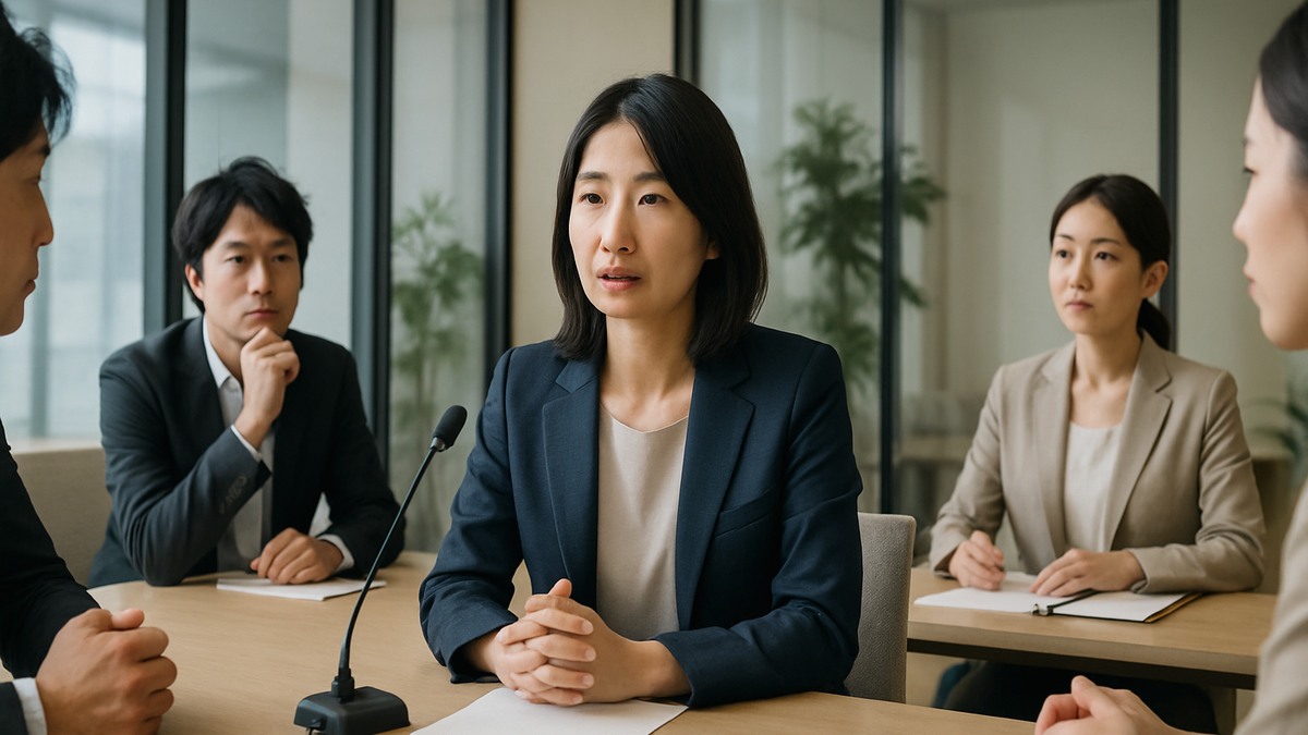 職場の会議で明確に話そうとする女性