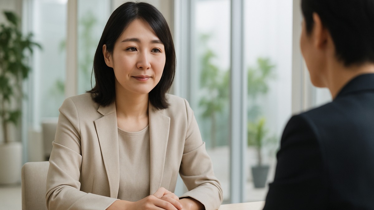 仕事で自然に微笑もうとする女性