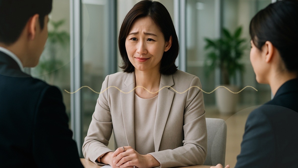 商談で自然な表情を保とうとする女性