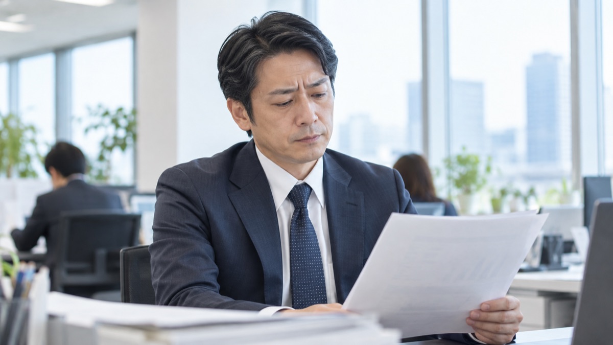 部下の資料を手に、息を吐いて気持ちを落ち着ける男性社員