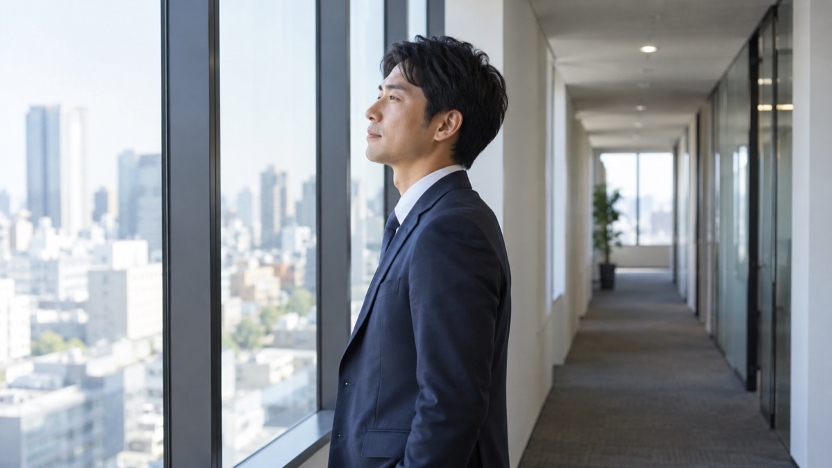 廊下で窓の外を見ながら深呼吸する男性社員