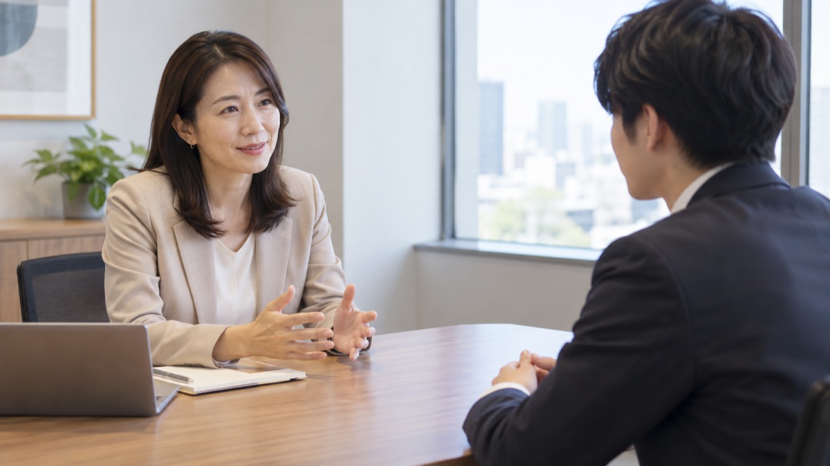 部下と向かい合い穏やかに話す女性上司