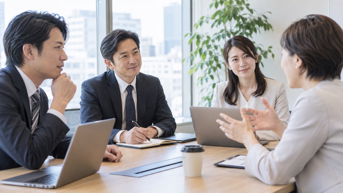 会議で相手の意見にうなずきながらメモを取る男性