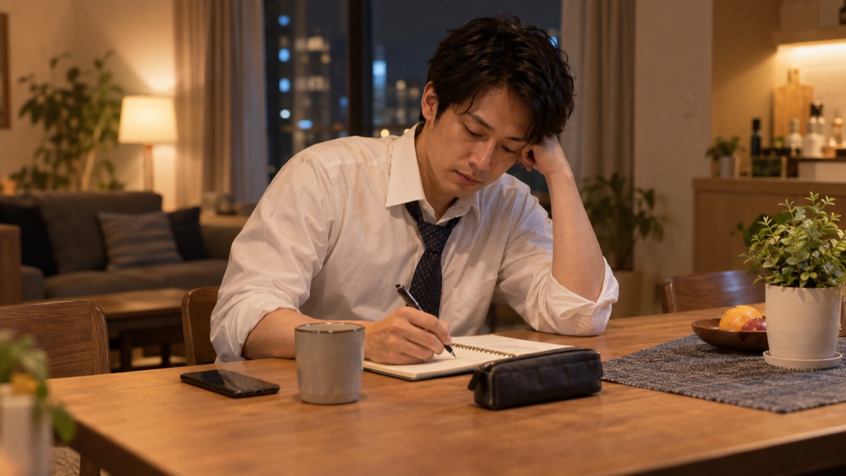 夜、ノートに今日の出来事を書き出す男性会社員