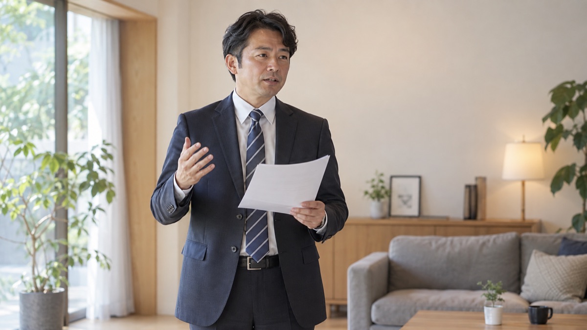 原稿を手に落ち着いて話す練習をする男性
