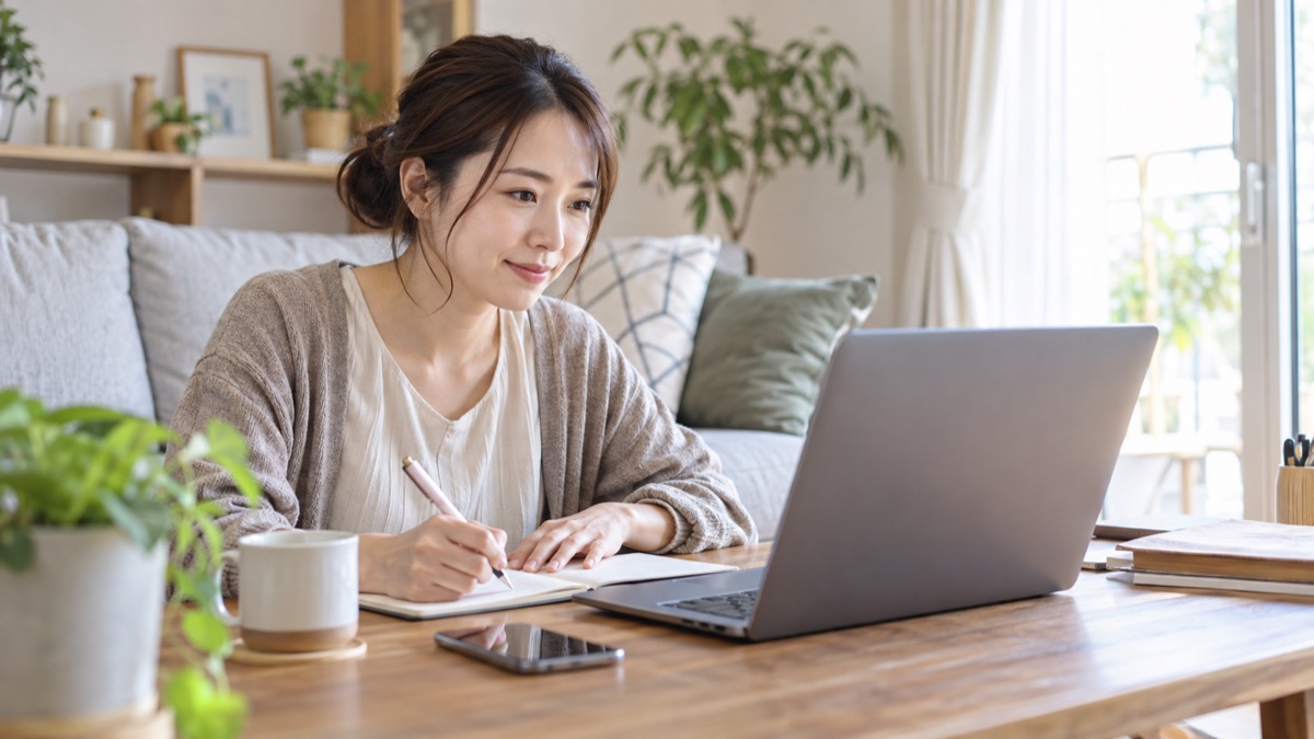 オンライン勉強会を見ながらメモを取る女性