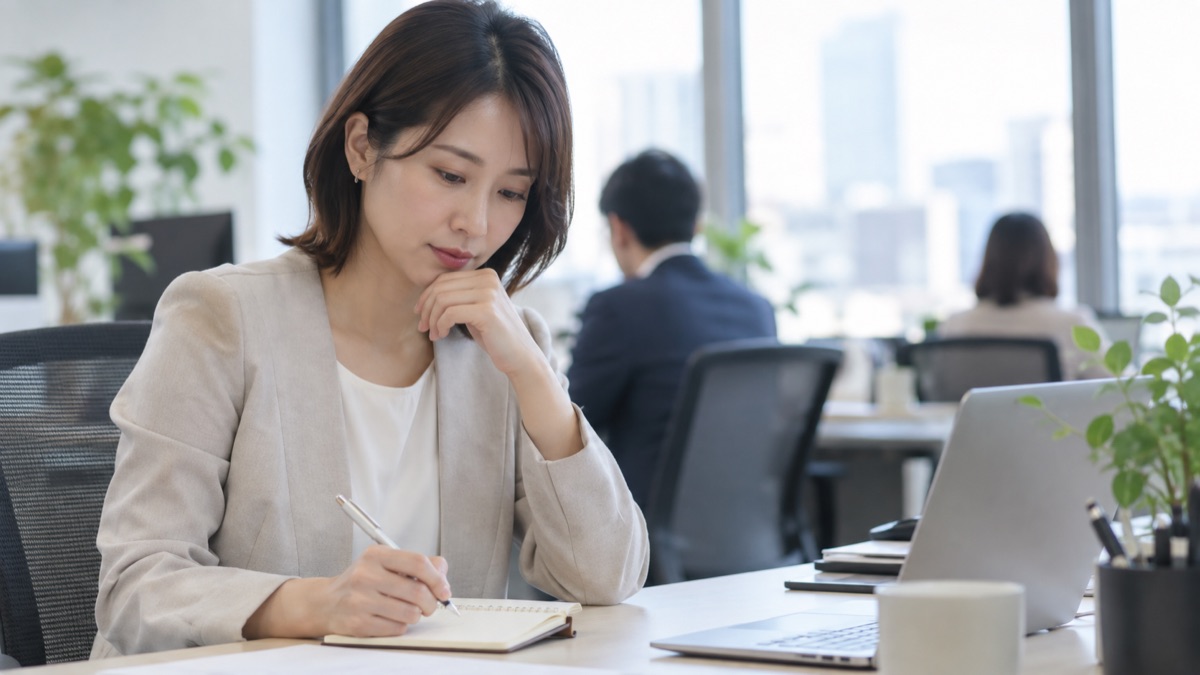 メモ帳に書き込みながら自分の気持ちを見つめる女性
