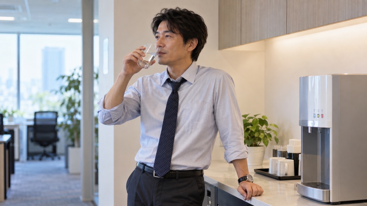給湯スペースで水を飲んで一息つく男性社員