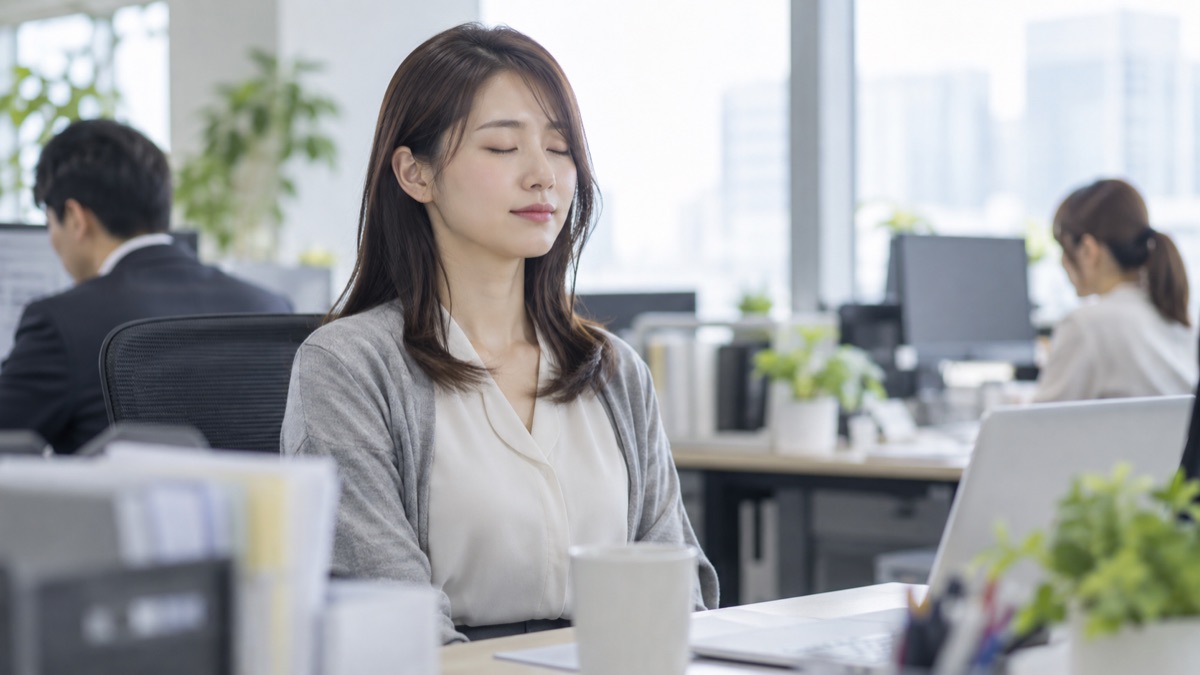 目を閉じて心の中で言葉を唱える女性社員