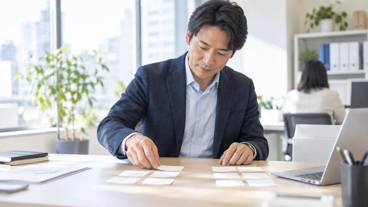 付箋を2つのグループに分けて整理する男性社員