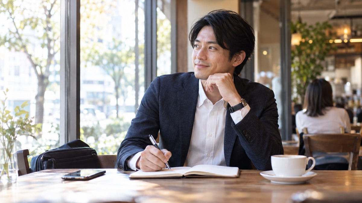 カフェでノートに考えを書き出す男性