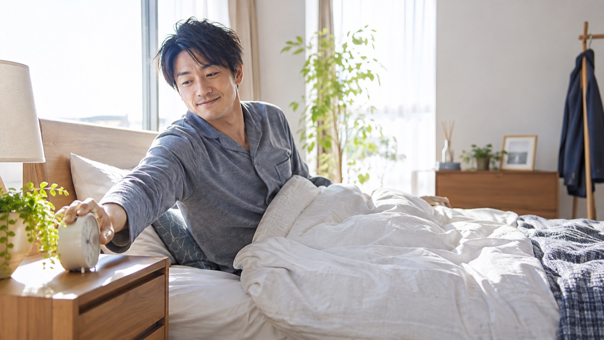 朝、ゆとりを持って目覚める男性
