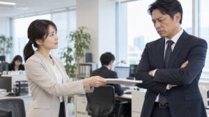 不機嫌な上司に落ち着いて資料を渡す女性社員