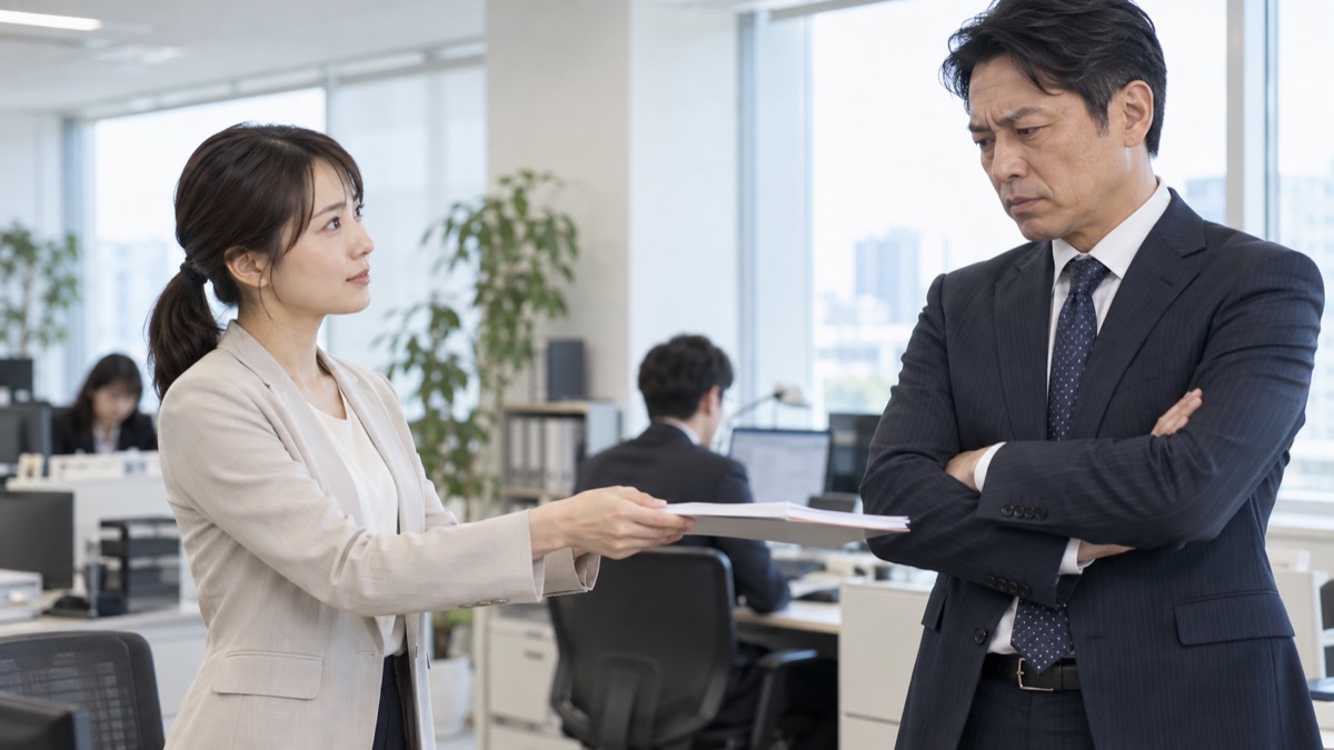 不機嫌な上司に落ち着いて資料を渡す女性社員