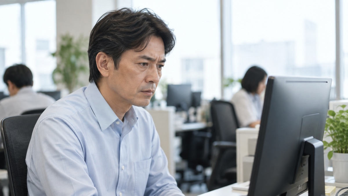 無表情でパソコンを見つめる男性社員