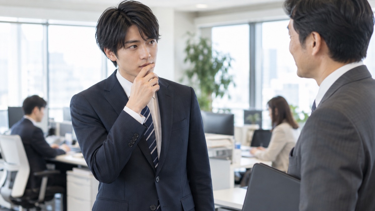 先輩に話しかける前に言葉を選ぶ若手社員