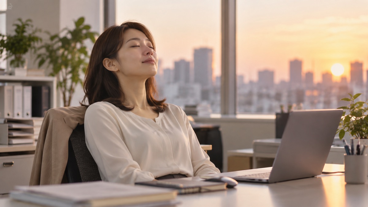 自席で深呼吸して気持ちを整える女性