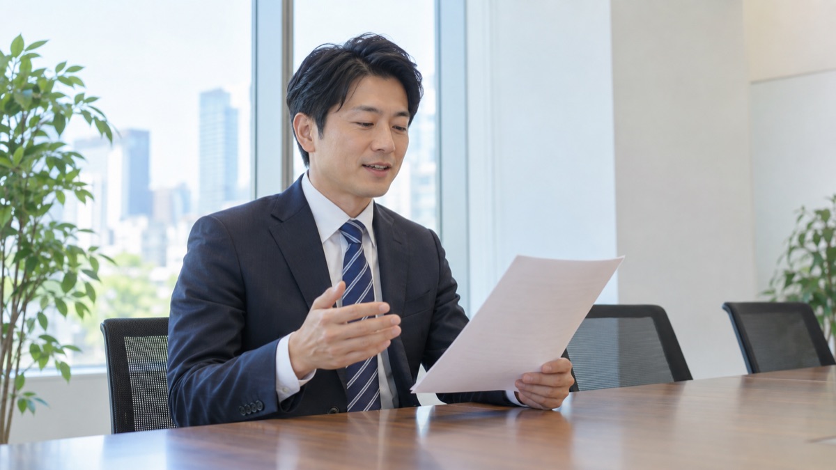 原稿を見ながら落ち着いて話す練習をする男性