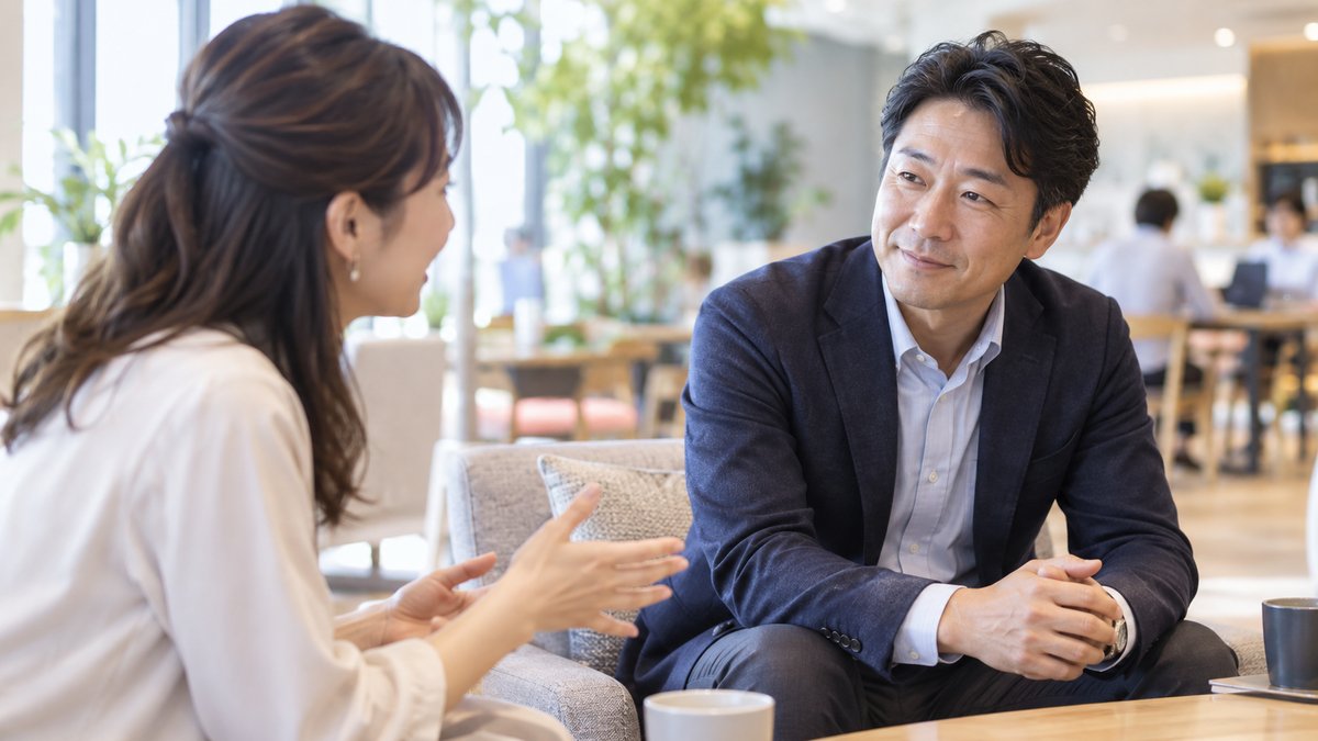 同僚の話を聞きながら顔のあたりに視線を向ける男性