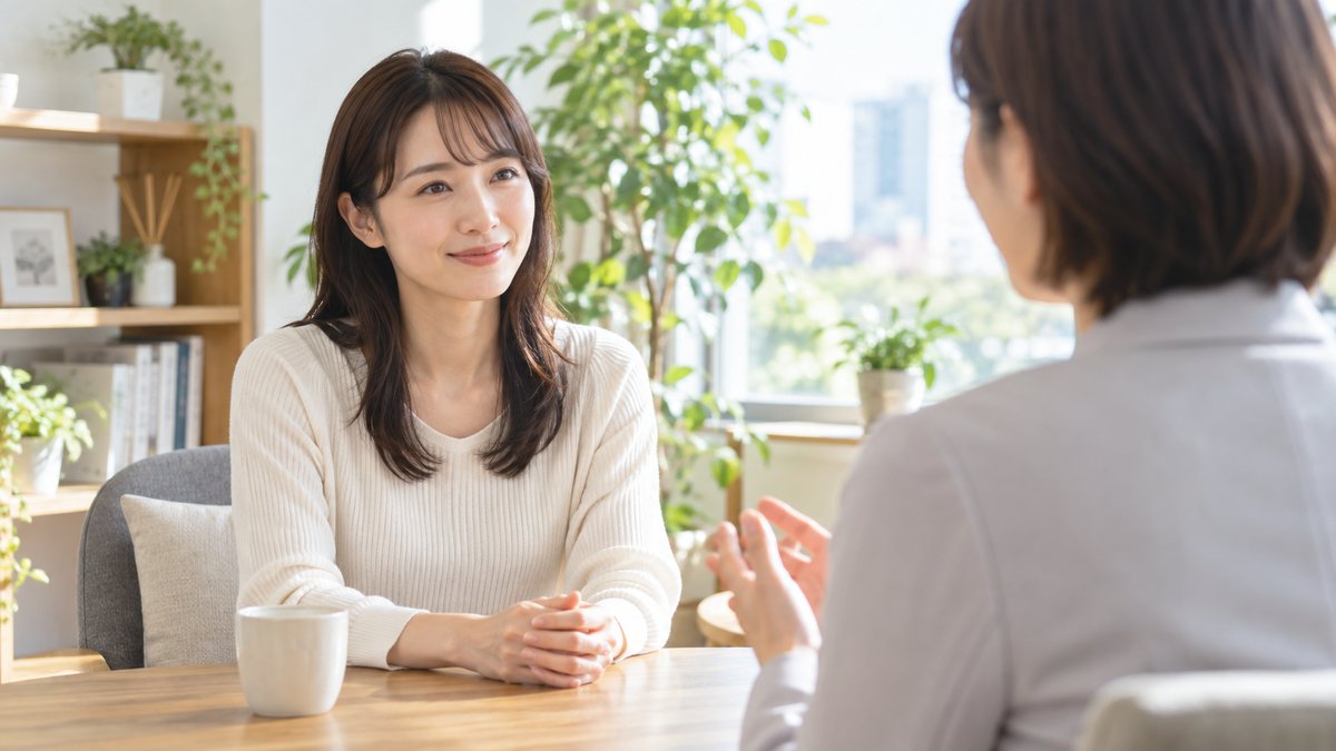 明るい相談スペースで話を聞く女性